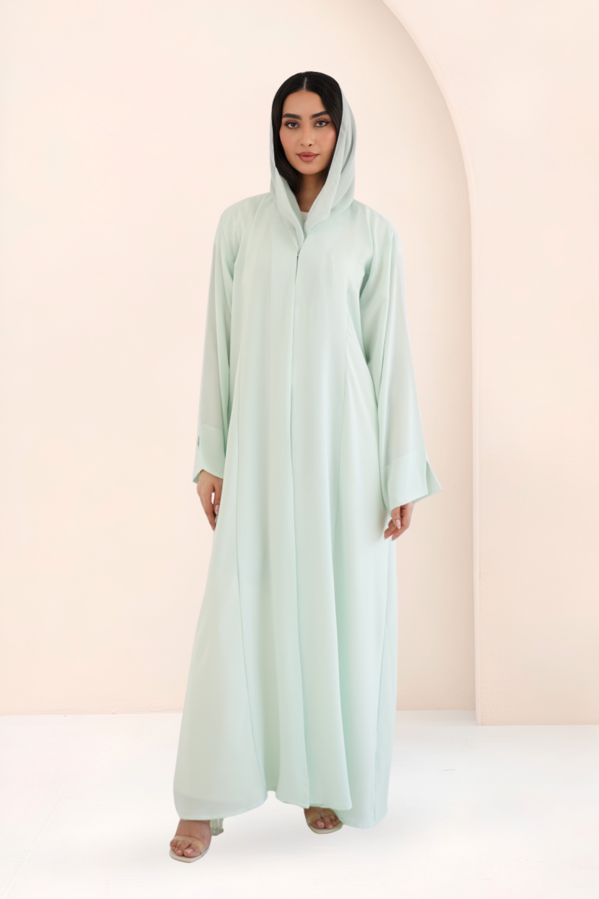 Matcha green Nidha abaya set with matching chiffon sheila, front view
