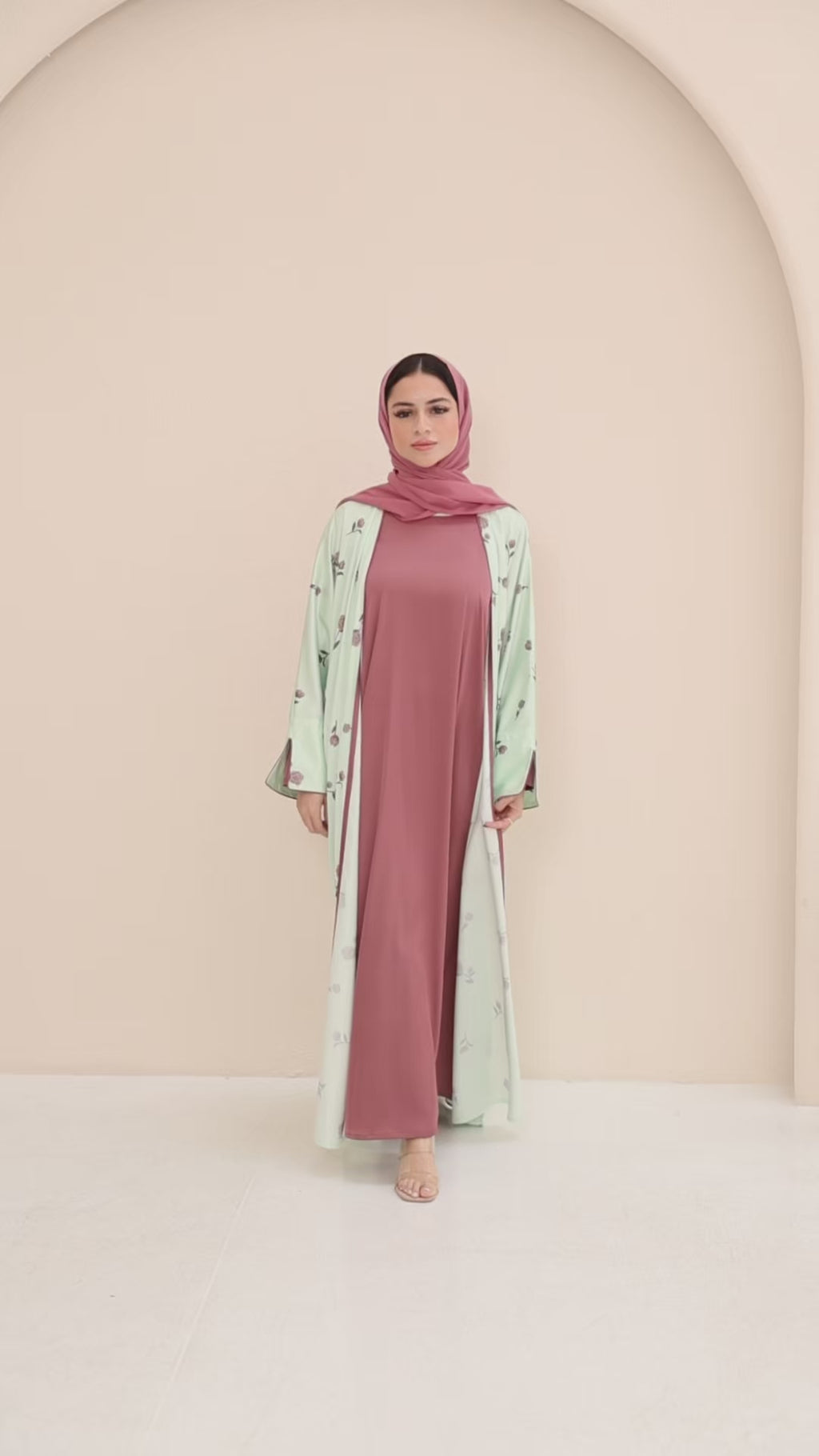 Mint Floral Silk Printed Abaya set