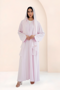 Rose pink Nidha abaya set with matching chiffon sheila, front view
