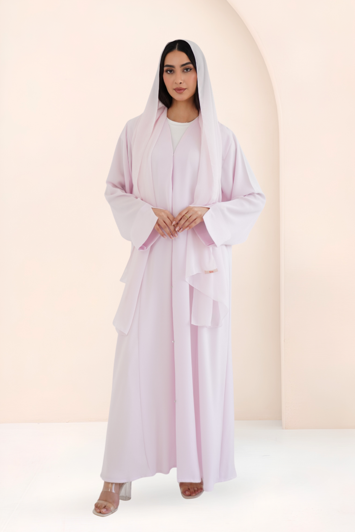 Rose pink Nidha abaya set with matching chiffon sheila, front view
